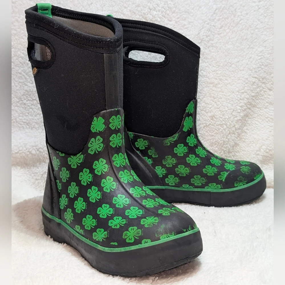 Bogs Kids Sz 13 Classic II Handle 4H Neoprene Rain Snow Boots Clover Black Green